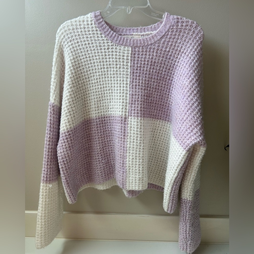 Jessica Simpson Colorblock Knit Pullover Sweater Purple White Waffle-Knit M